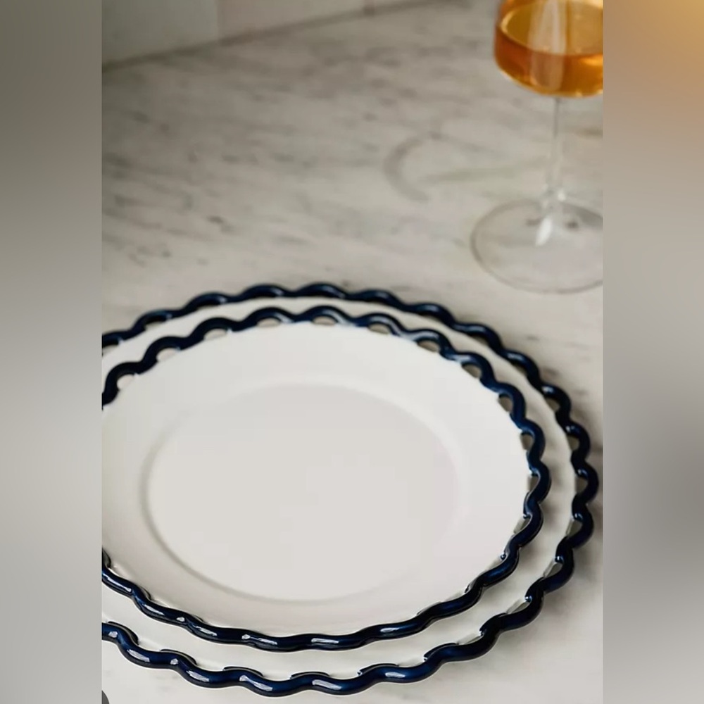 Anthropologie Sasha 8.9” Side/Salad Plate scalloped fringe White/Navy set of 4
